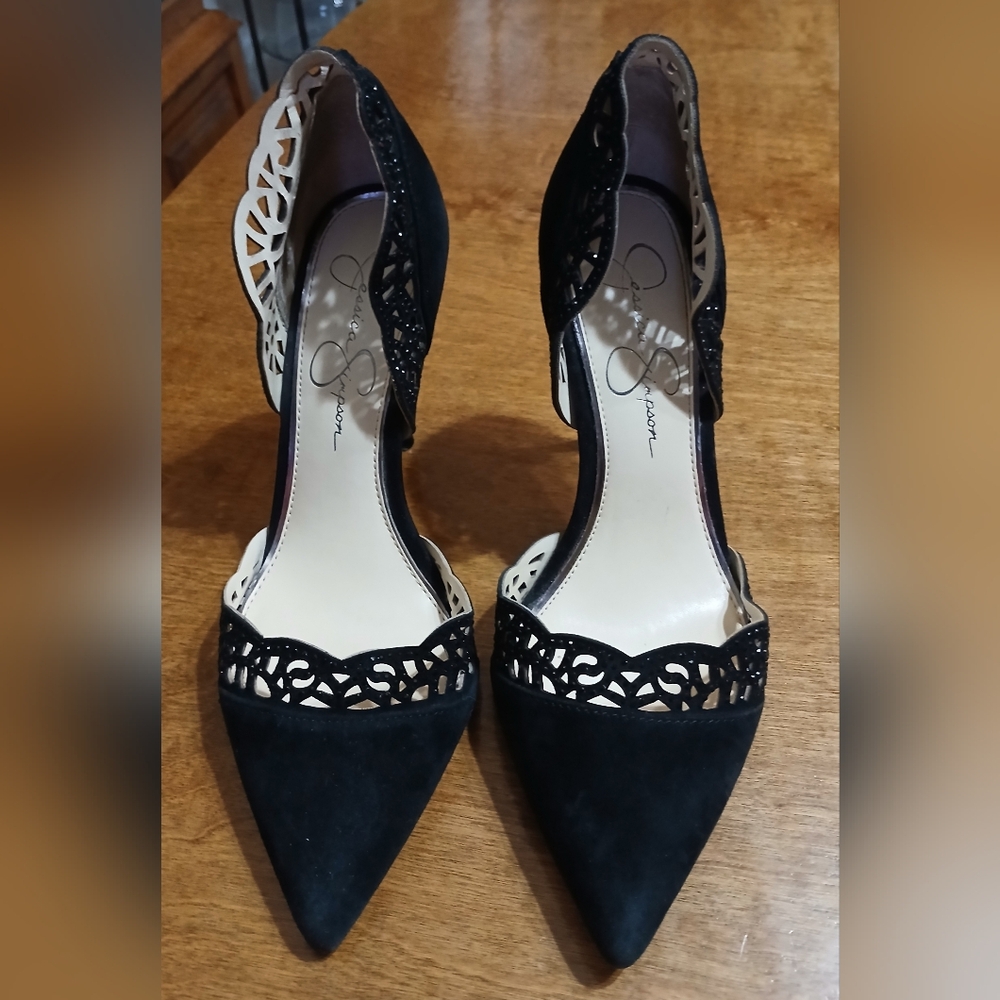 Black d'orsay leather-suede upper pumps w/beaded shimmer 3-1/2" heel ☆Like New☆